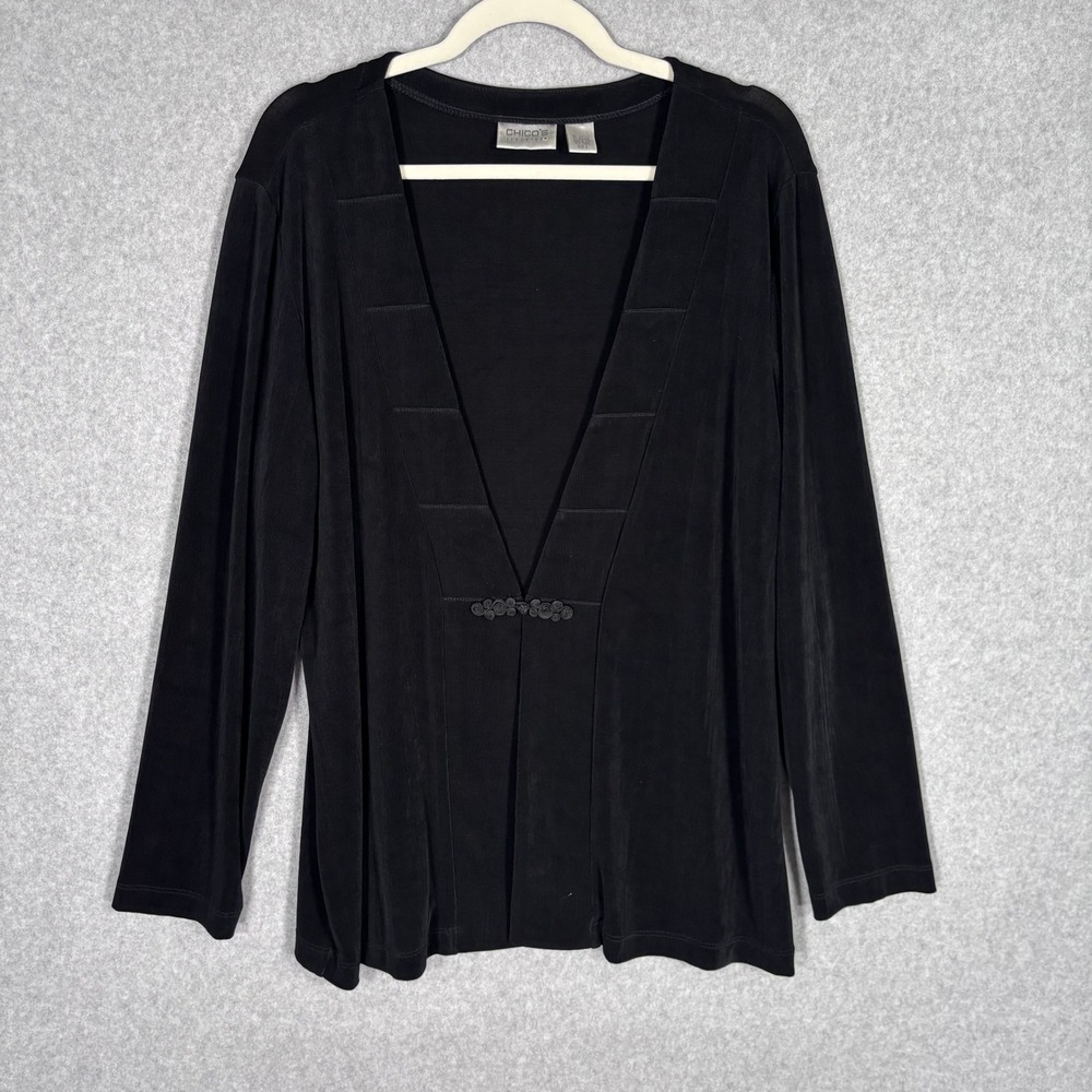Chicos Travelers Cardigan XL Black Frog‎ Closure Slinky Liquid Whimsigoth Career